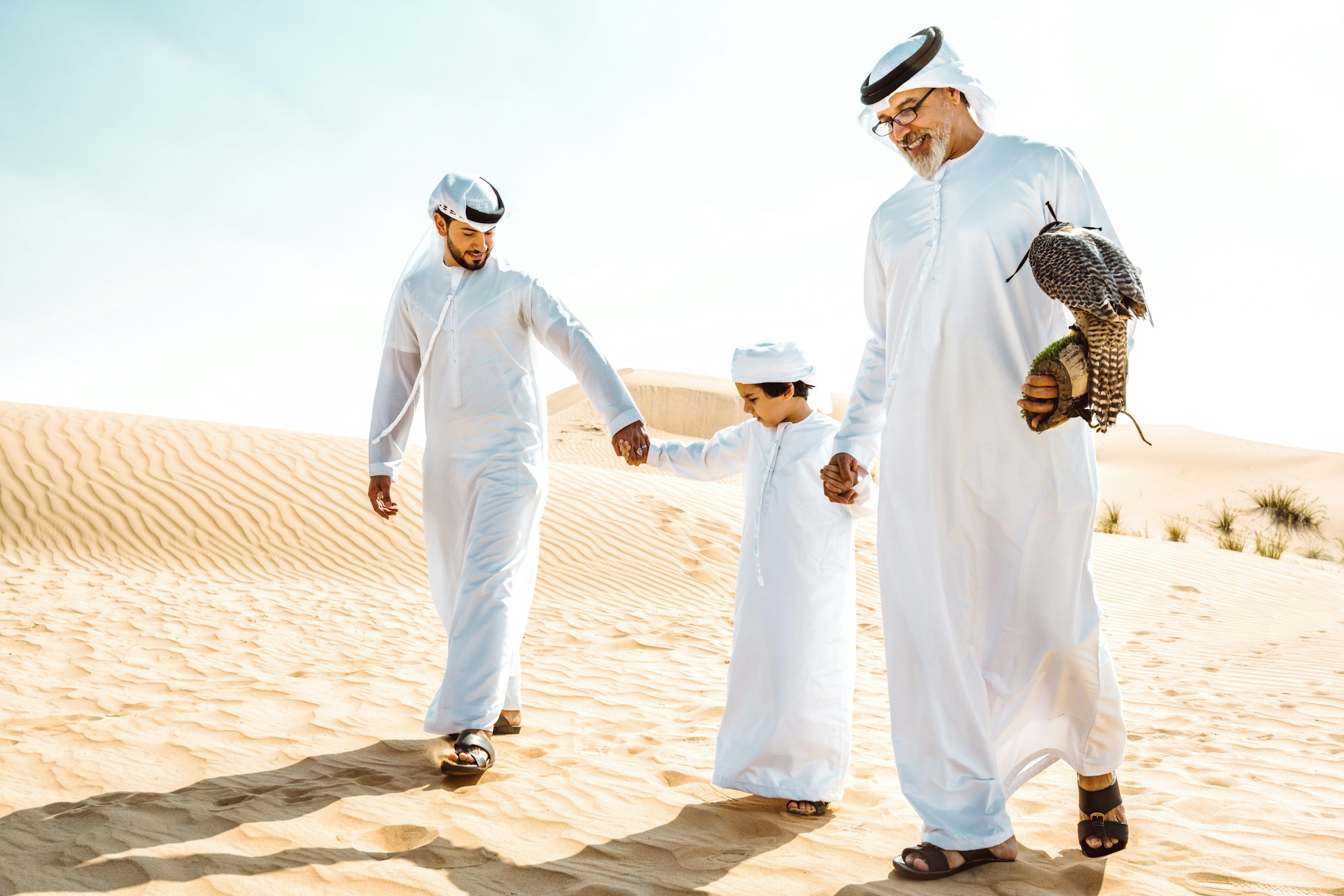 Three generation family making a safari in the desert of Dubai